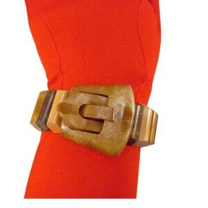 Brown Faux Wood Stretch Belt Buckle Bracelet Vintage NOS
